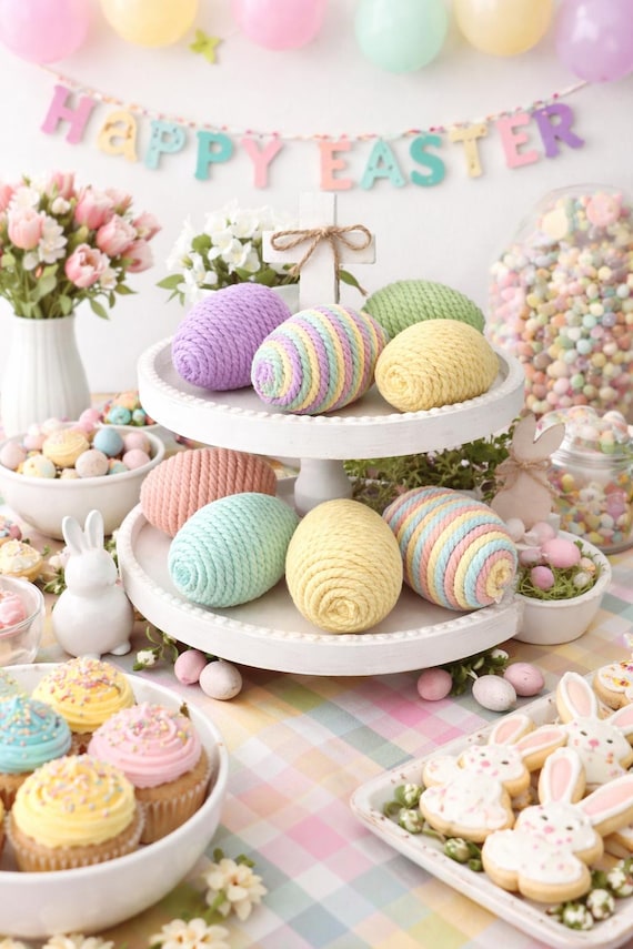 Pastel Easter Decorative Eggs Set of 8, Macramé Rope Wrapped Eggs, Farmhouse Easter Bowl Fillers, Spring Basket & Vase Decor