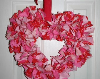 Red and Pink  Rag Tie Fabric Valentines Day Heart Wreath