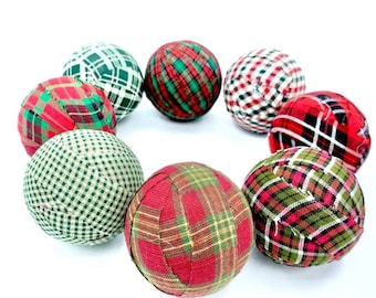 Bolas decorativas envueltas en tela a cuadros - Juego rústico de 8 piezas