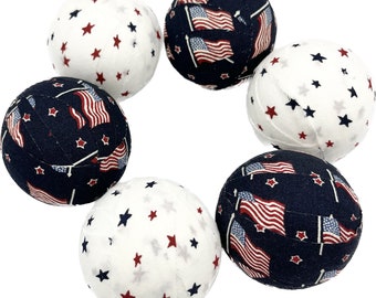 Flags and Stars red white blue patriotic fabric wrapped balls, bowl filler set of 6, America holiday party decor