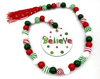 Believe Wood Bead Christmas Garland, red green white