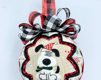 Farmhouse Christmas Dog fabric quilted tree ornament