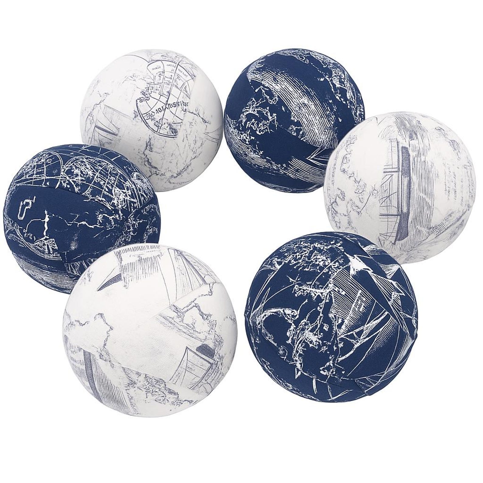 Set of 6 Vintage Map Fabric Wrapped Decorative Balls, Blue White Bowl ...