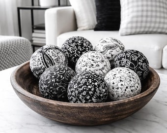 Juego de 8 bolas decorativas envueltas en tela blanca y negra / Relleno de cuenco neutro / Bandeja de masa rústica para centro de mesa