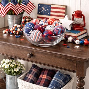 Patriotic Fabric Wrapped Balls | Red White Blue Bowl Filler | Americana Decor | 4th of July Mantle Decor | Set of 10 image 3