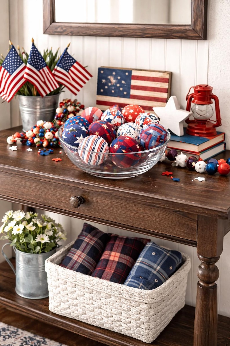 Patriotic Fabric Wrapped Balls | Red White Blue Bowl Filler | Americana Decor | 4th of July Mantle Decor | Set of 10 image 3