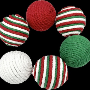 Red Green White Christmas Swirl rope wrapped balls, set of 6, bowl filler set, holiday decor