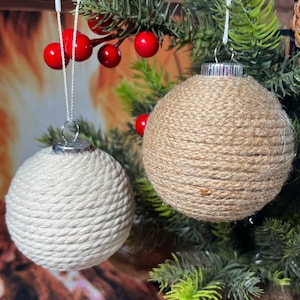 Cream and Jute Rope Ornaments, set of 4, Christmas tree decoration, boho inspired