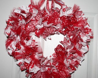 Red and White  Fabric Rag Tie Heart Wreath for Valentines Day