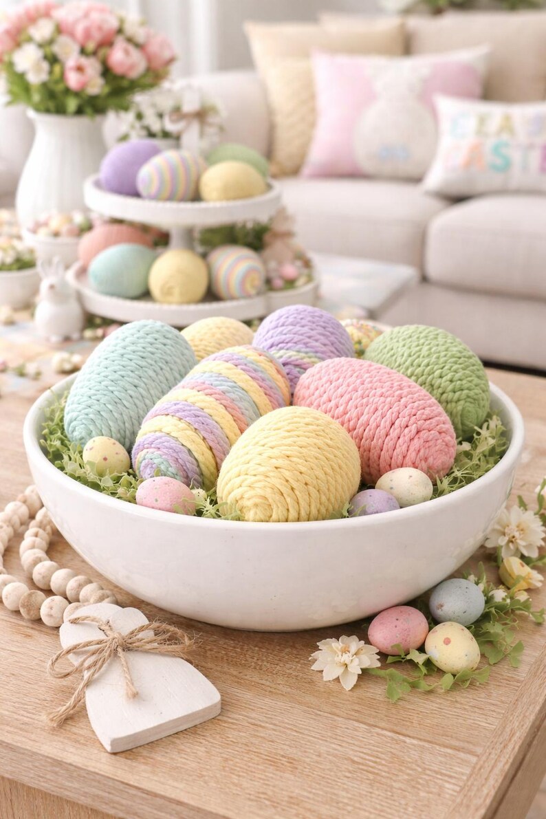 Lot de 8 œufs décoratifs de Pâques pastel, œufs emballés dans une corde en macramé, remplissage de bols de Pâques de la ferme, panier de printemps et décoration de vase image 3