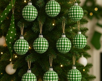 Green & White Buffalo Check Ornaments 2” Rustic Farmhouse Christmas Decorations set of 12