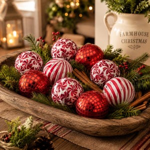 Juego de 8 bolas navideñas de caramelo de menta, relleno para cuenco envuelto en tela roja y blanca, decoración para bandeja escalonada de estilo rústico, regalo navideño para la repisa de la chimenea.