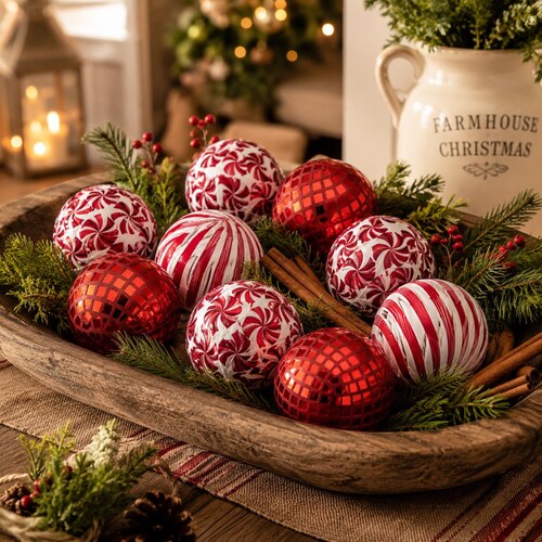 Peppermint Candy Christmas Balls Set of 8, Red White Fabric Wrapped Bowl Filler, Farmhouse Tiered Tray Decor, Holiday Mantel Gift