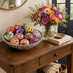 Floral Rag Balls Set of 12, Fabric Wrapped Bowl Filler, Dough Bowl Fillers, Spring Summer Vase Filler Orbs, Cottagecore Tiered Tray Decor