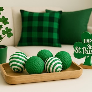 St. Patrick’s Day Rope Decor Balls – Set of 6 Green & White Swirl Farmhouse Bowl Fillers – Tiered Tray Dough Bowl Irish Home Decor