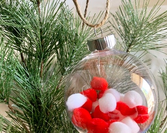 Red and White clear bauble christmas ornament with pom poms- holiday tree decoration set