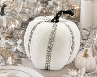 White Velvet Pumpkin | Neutral Fall Wedding Decor | Boo Baby Shower Centerpiece | Farmhouse Thanksgiving Table | Glam Rhinestone Pumpkin