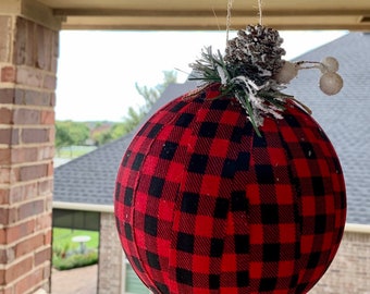 Giant black and red buffalo plaid 6" fabric wrapped ornament
