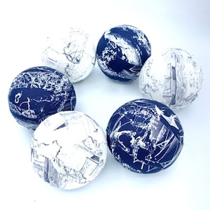 Old World blue white map fabric wrapped balls- bowl filler orn set - decorative balls