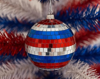 Patriottisch mozaïek spiegelbolornament | 3,5-inch acryl rode, witte en blauwe decoratieve bol | Komvuller of hangend vakantiedecor