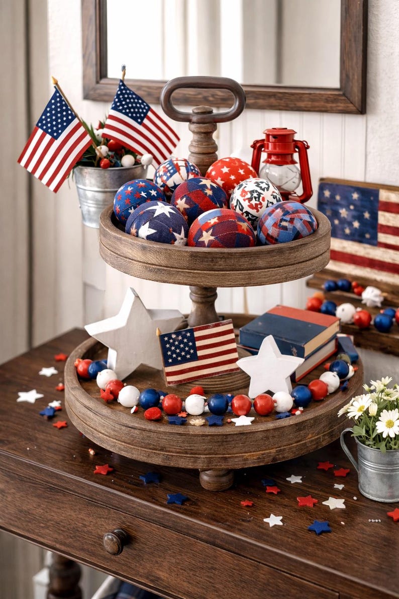 Patriotic Fabric Wrapped Balls | Red White Blue Bowl Filler | Americana Decor | 4th of July Mantle Decor | Set of 10 image 5
