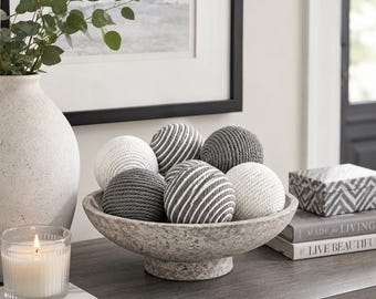 Bowl Filler Balls Set of 6, White Grey Rope Wrapped Orbs, Farmhouse Dough Bowl Fillers, Neutral Boho Tiered Tray Coffee Table Decor