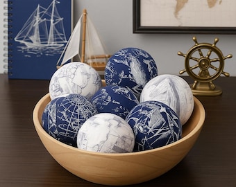 Set of 6 Vintage Map Fabric Wrapped Decorative Balls, Blue White Bowl Fillers, Old World Map Decor, Travel Theme Home Decor, Office Decor