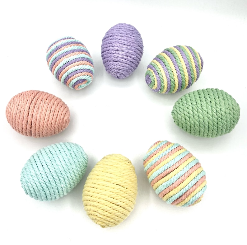 Lot de 8 œufs décoratifs de Pâques pastel, œufs emballés dans une corde en macramé, remplissage de bols de Pâques de la ferme, panier de printemps et décoration de vase image 2