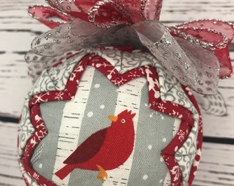 READY TO SHIP Red grey Cardinal fabric quilted ornament