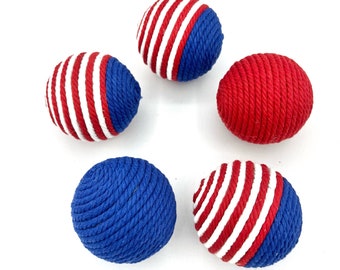 Red, White, Blue American Flag macrame rope  yarn balls- patriotic bowl decor