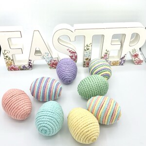 Lot de 8 œufs décoratifs de Pâques pastel, œufs emballés dans une corde en macramé, remplissage de bols de Pâques de la ferme, panier de printemps et décoration de vase image 4