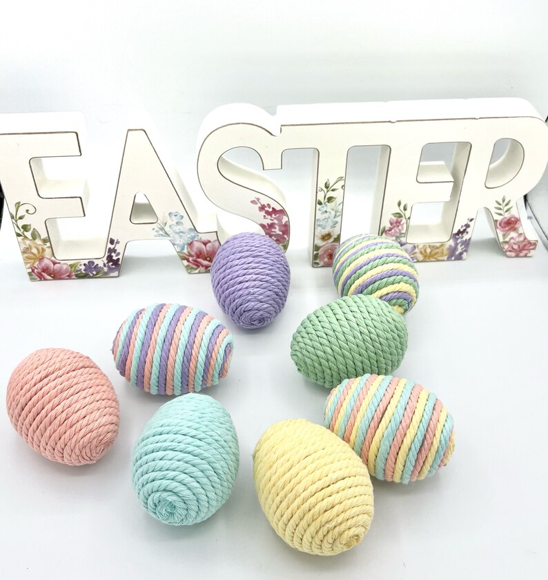 Lot de 8 œufs décoratifs de Pâques pastel, œufs emballés dans une corde en macramé, remplissage de bols de Pâques de la ferme, panier de printemps et décoration de vase image 4