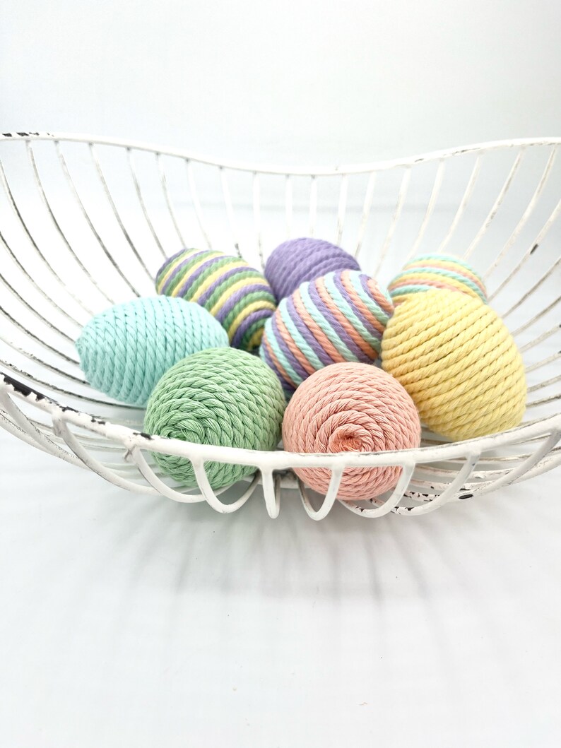 Lot de 8 œufs décoratifs de Pâques pastel, œufs emballés dans une corde en macramé, remplissage de bols de Pâques de la ferme, panier de printemps et décoration de vase image 6
