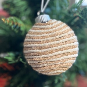 Jute and Cream Disc shape  rope Swirl Ornaments,  rope wrapped balls, holiday Christmas tree boho natural home set of 4
