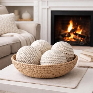 Neutral Rope Wrapped Decorative Balls Set of 4 | 3” Cream Beige Bowl Fillers | Farmhouse Coastal Home Decor | Entry Table Accent