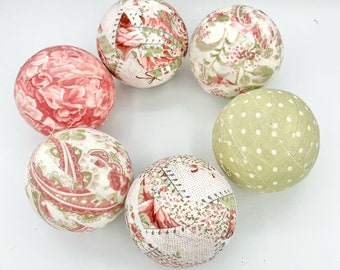 English Garden fabric wrapped balls, spring bowl filler, set of 6, home decor, cream green rose pink white
