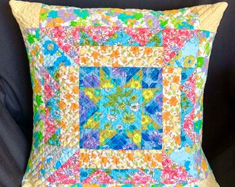 Vintage Floral Pillow Cushion Cover, Nova Star Quilted pillow case, Scrappy Quilted Pillow Case, gift ideas for