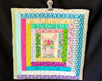 Quilted Pillow Case, Floral Bunny Rabbit Pillow Cushion Cover, Scrappy Quilted Pillow Case, gift idea for mom, holiday gift idea for kids