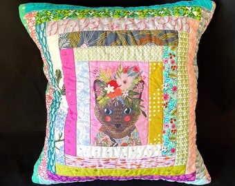 Quilted Pillow Case, Floral Cat Pillow Cushion Cover, Scrappy Quilted Pillow Case, gift idea for mom, holiday gift idea for children