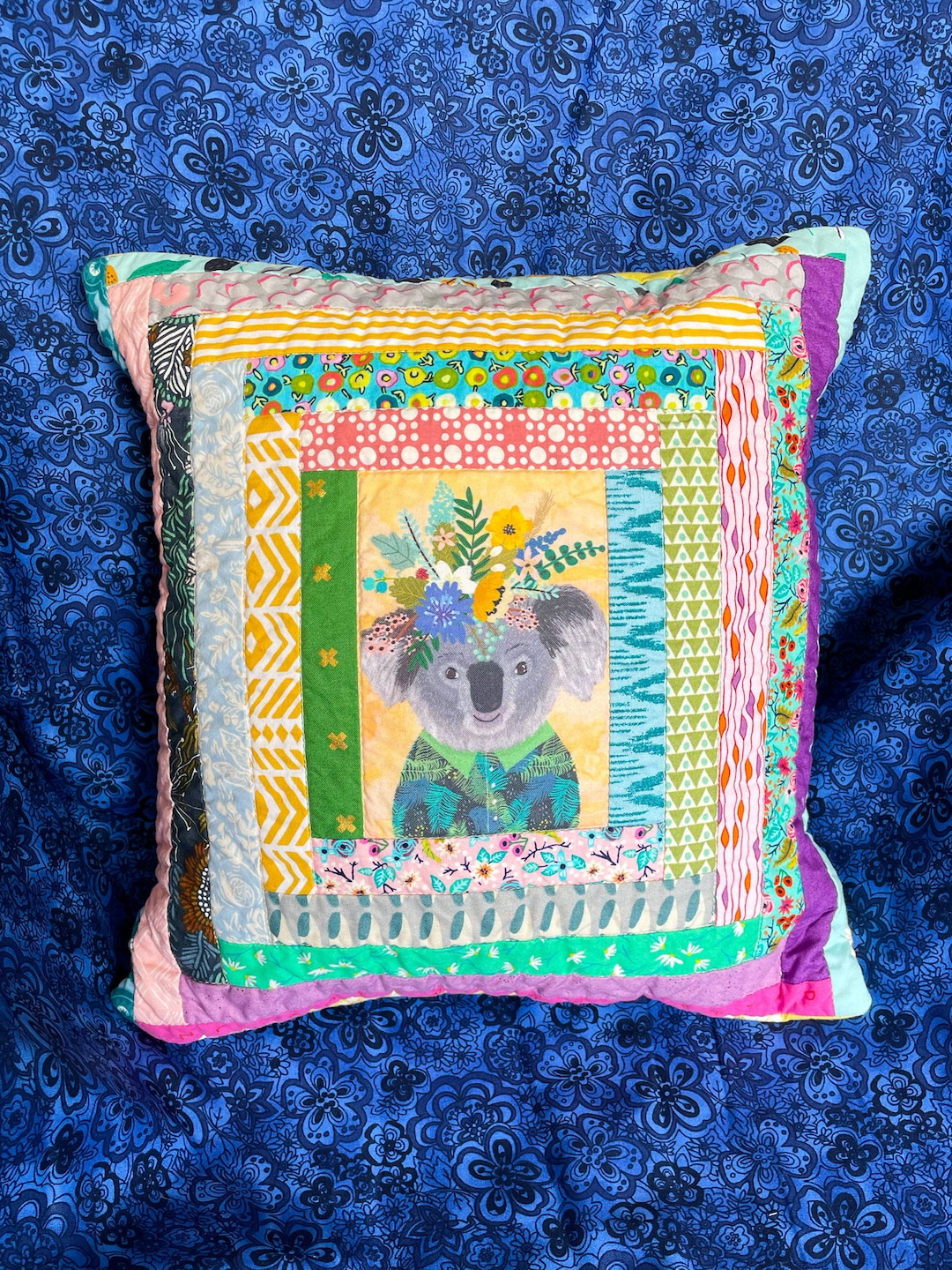 Quilted Pillow Case, Floral Koala Pillow Cushion Cover, Scrappy Quilted