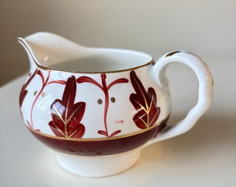 Vintage Handpainted Regal Burslem Midwinter Porcelon England Milk Jug / Creamer Pitcher, Burgundy & Gold Leaf Pattern.