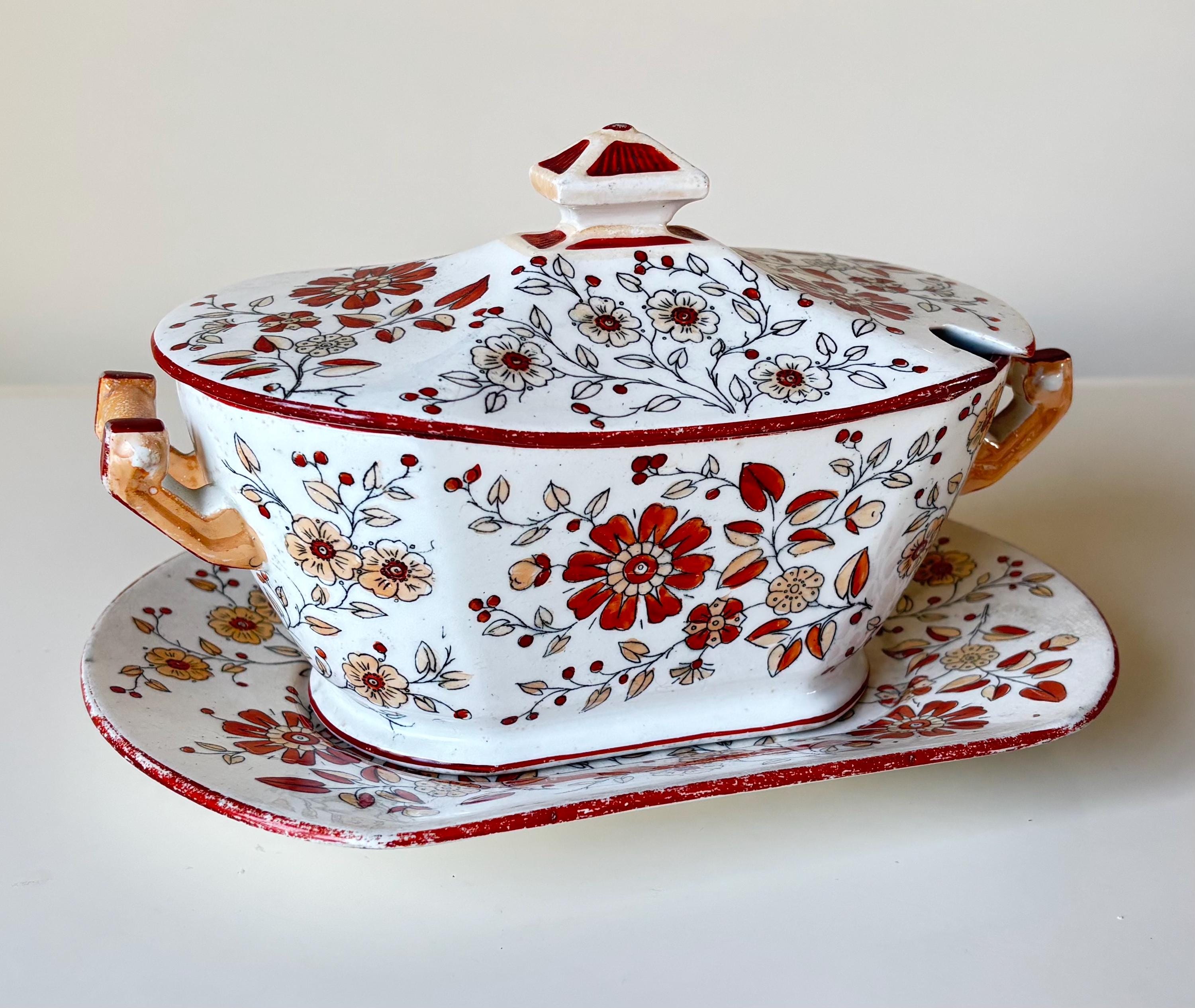 YOSHIKI CIVARIZE フラワー柄シフォンストール ホワイト×レッド Antique Victorian C1885 to 1890 Ridgeway Pottery 'persia' Floral