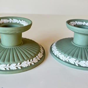 Rare Vintage Two Wedgwood Jasperware Sage Green Fluted Candle Candlestick Holders. White Bas Relief Acorns & Oak Leaves. 1966 and 1973.