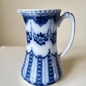 Very Rare c1883 - 1908 Antique F & Sons ( Ford And Sons) ‘Clyde’ Pattern Burslem England Blue White Jug / Pitcher, Victorian Flow Blue.