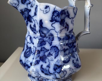 Very Rare Antique, c1840 John & Robert Godwin, Large Blue White Jug / Pitcher, Almost 200 Years Old. English Early Victorian Flow Blue.