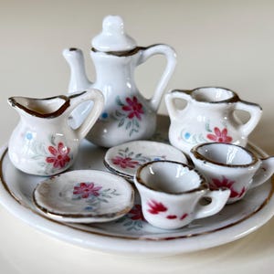 Vintage 9 Piece Miniature China Tea Set, Pink Floral Design, Afternoon Tea, Collectable Dolls House Furniture For Collectors Or Children.