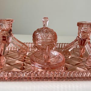 Vintage Bagley 5 Piece  ‘State’ Pattern Pink Glass Dressing Table Vanity Set. Rectangle Tray & A Lidded Trinket, Candle Holders, Ring Dish.