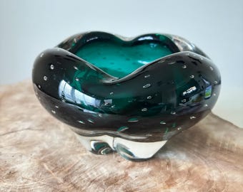 Vintage MCM Whitefriars Teal & Clear Cased Art Glass Bowl With Controlled Bubbles, Heavy Bowl. 6” Diameter, 3.75 inches Tall. UV Reactive.