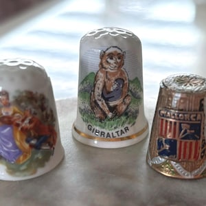 Lot of 3 Vintage European Locations / Spanish Holiday Vacation Souvenirs Places Bone China & Metal Sewing Thimbles Majorca Gibraltar