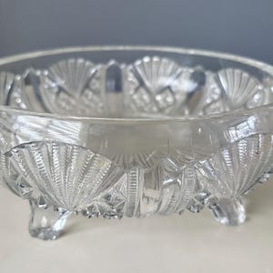 Vintage Art Deco Pressed & Crystal Cut Glass 4 Footed Fruit Bowl, Lead Crystal Fan And Diamond Patterns
